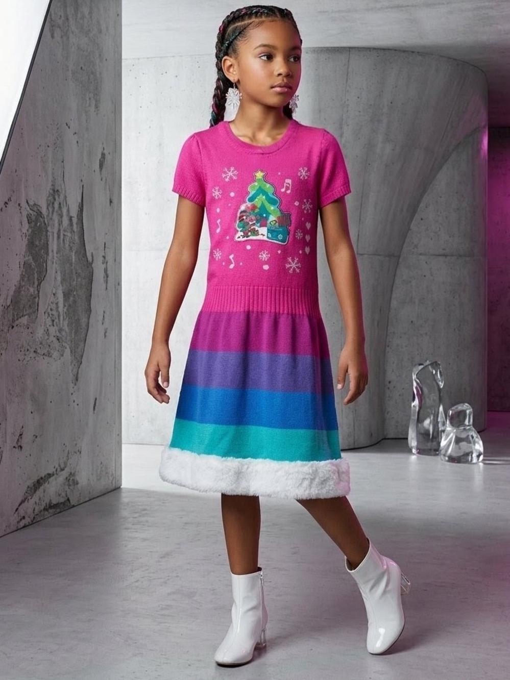 Trolls Bright Pink Knit Dress with Rainbow Striped Skirt and White Faux Fur Trim